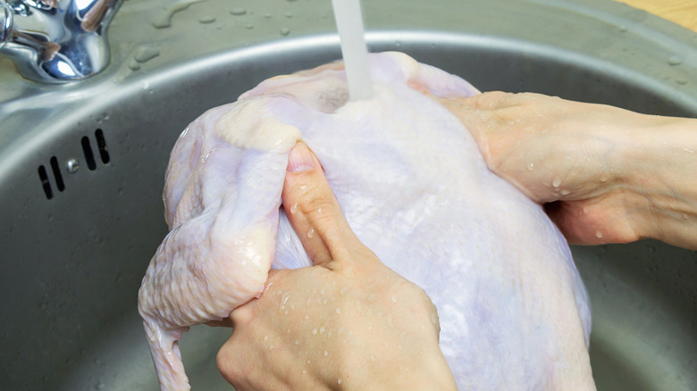 Chicken being washed