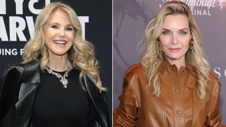 Christie Brinkley and Michelle Pfeiffer smiling at separate photocalls
